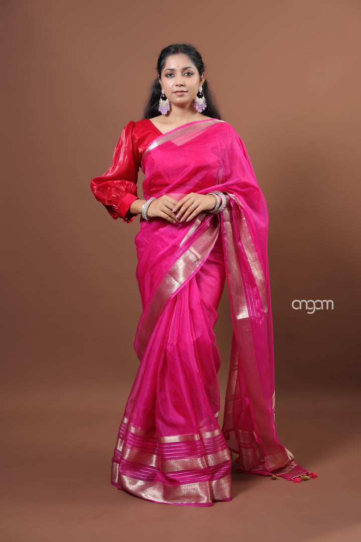 Hot Pink Organza Saree with Zari Border – Festive Elegance