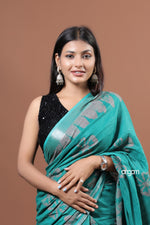 Load image into Gallery viewer, Elegant Green Cotton Slub Saree with Subtle Floral Print Design
