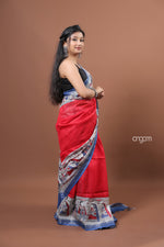 Load image into Gallery viewer, Red and Blue Cotton Slub Saree with Ethnic Printed Border
