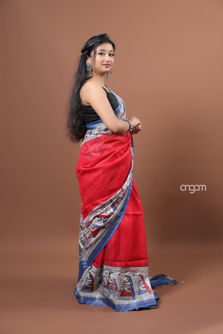 Red and Blue Cotton Slub Saree with Ethnic Printed Border