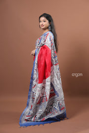 Red and Blue Cotton Slub Saree with Ethnic Printed Border