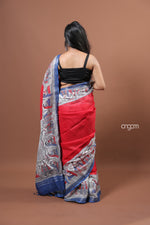 Load image into Gallery viewer, Red and Blue Cotton Slub Saree with Ethnic Printed Border
