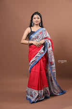 Load image into Gallery viewer, Red and Blue Cotton Slub Saree with Ethnic Printed Border
