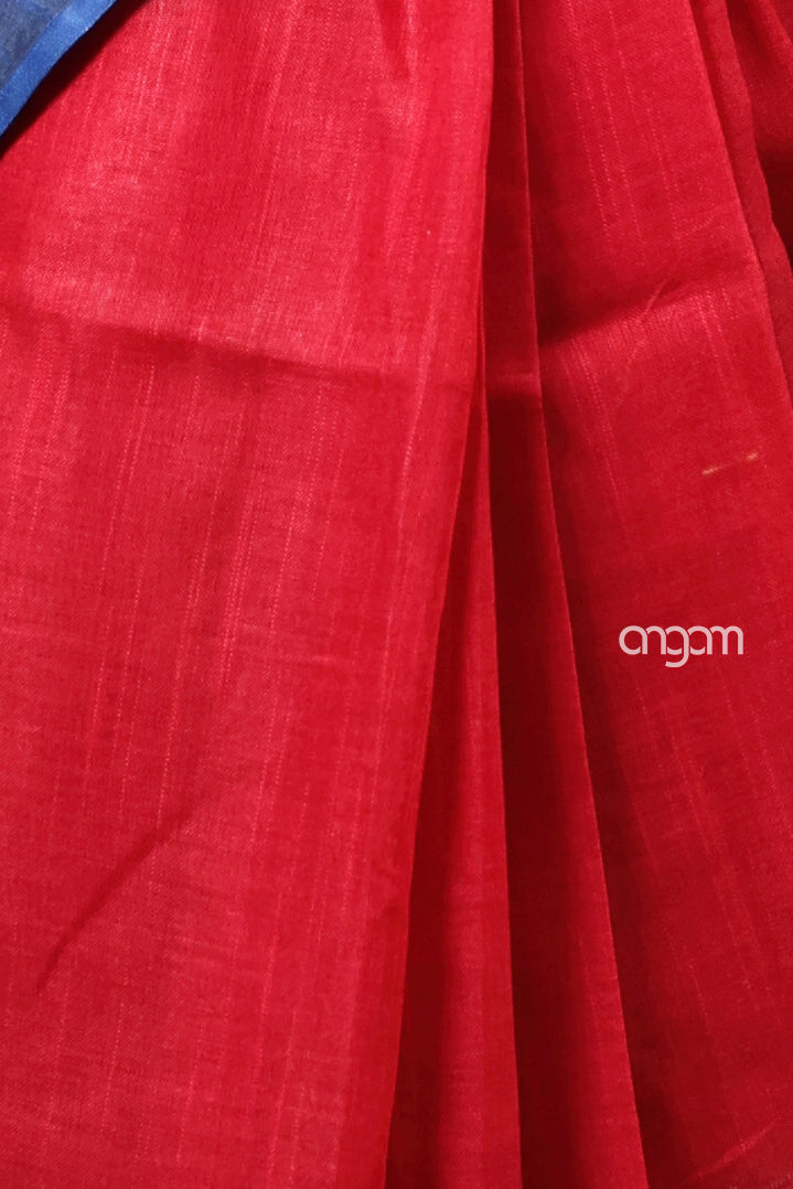 Red and Blue Cotton Slub Saree with Ethnic Printed Border