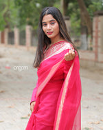 Load image into Gallery viewer, Elegant Pink Organza Saree with Golden Border for Festive Wear
