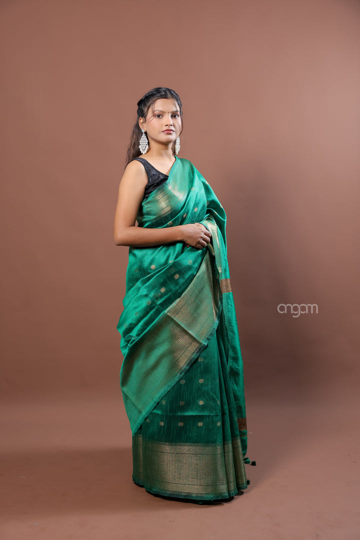 Elegant Green Art Dupion Silk Saree with Golden Zari Work