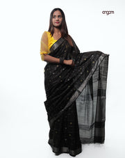 Elegant Black and Gold Liva Saree with Subtle Checkered Design