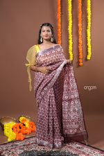 Load image into Gallery viewer, Maroon Cotton Slub Saree with Intricate Print and Silver Border
