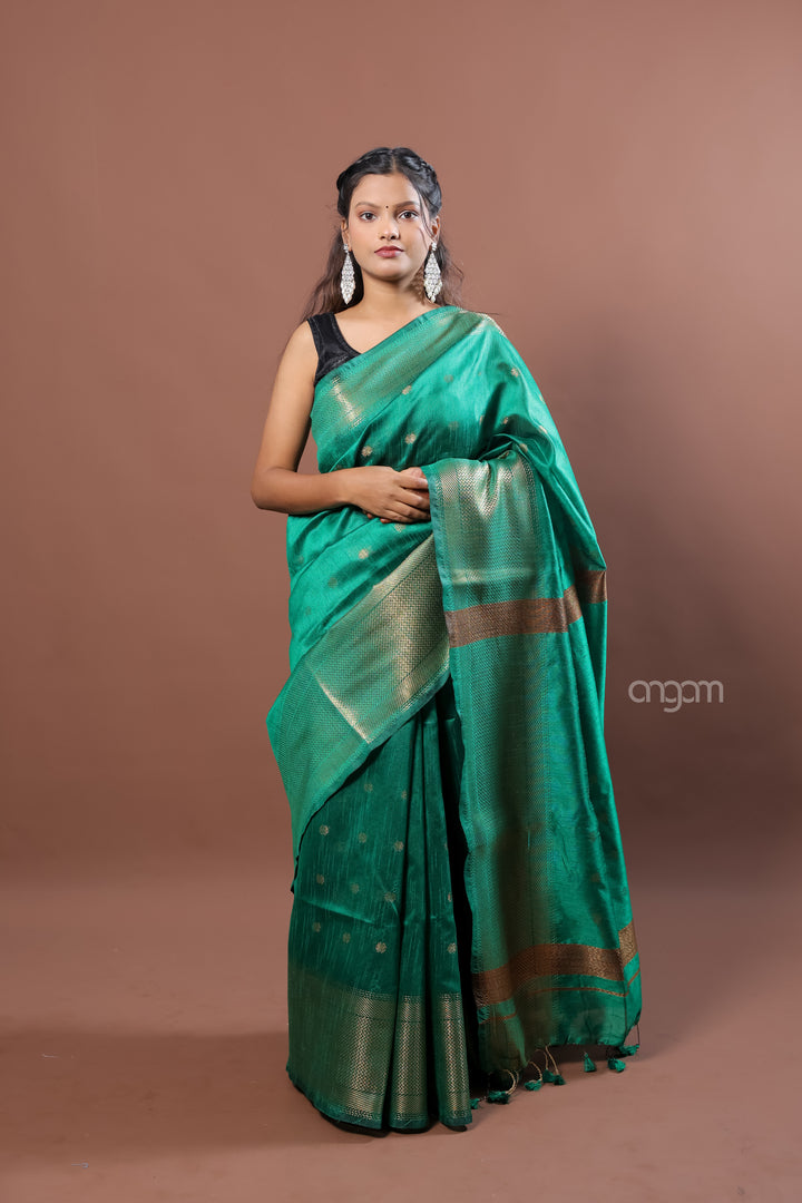 Elegant Green Art Dupion Silk Saree with Golden Zari Work