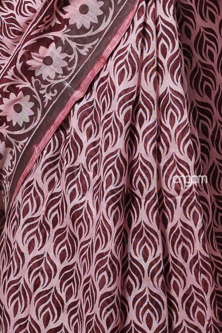 Maroon Cotton Slub Saree with Intricate Print and Silver Border