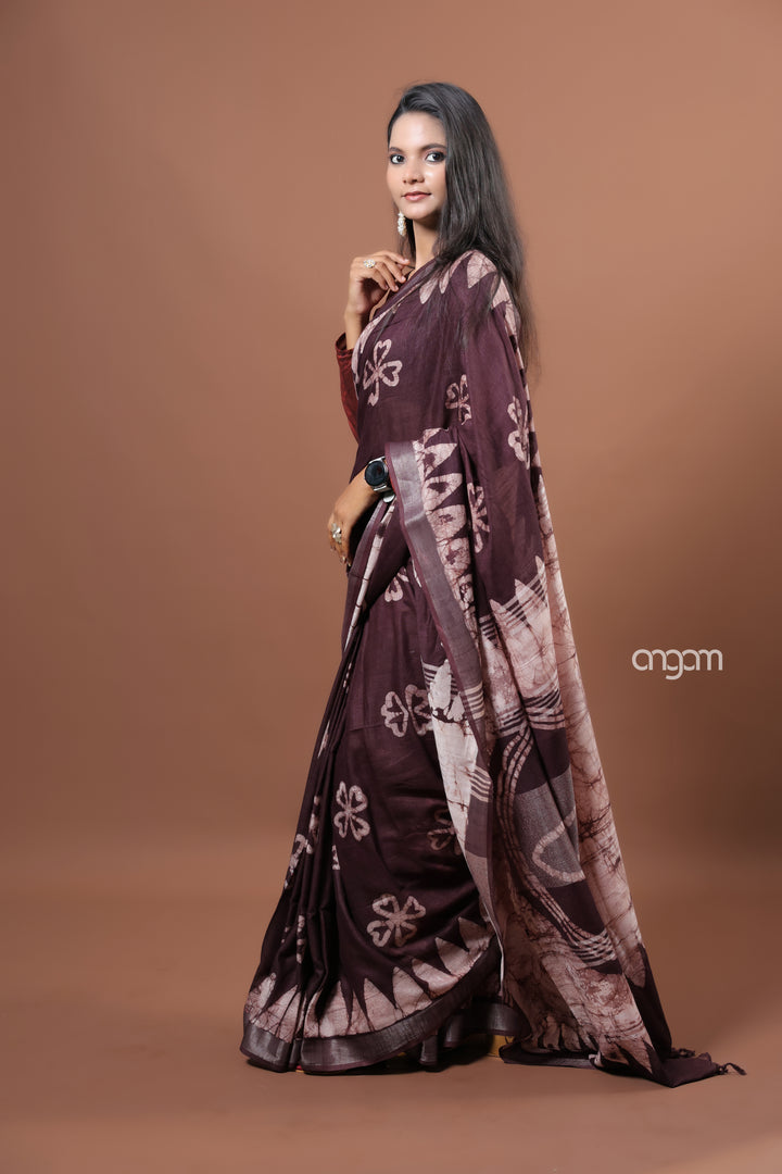 Elegant Brown Cotton Slub Saree with Handcrafted White Floral Prints