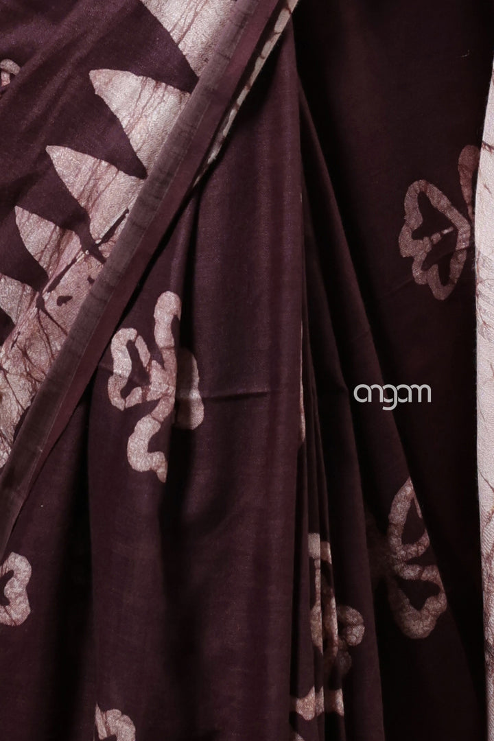 Elegant Brown Cotton Slub Saree with Handcrafted White Floral Prints
