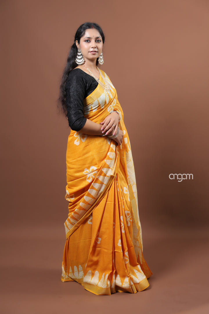 Radiant Yellow Cotton Slub Saree with Handcrafted White Floral Prints