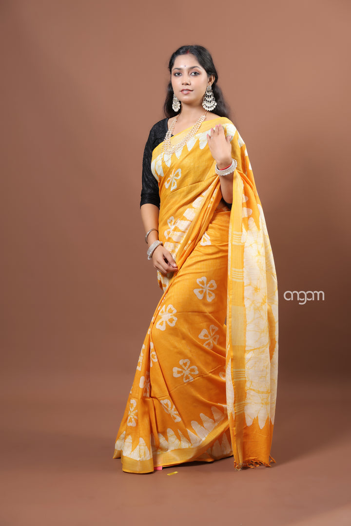 Radiant Yellow Cotton Slub Saree with Handcrafted White Floral Prints