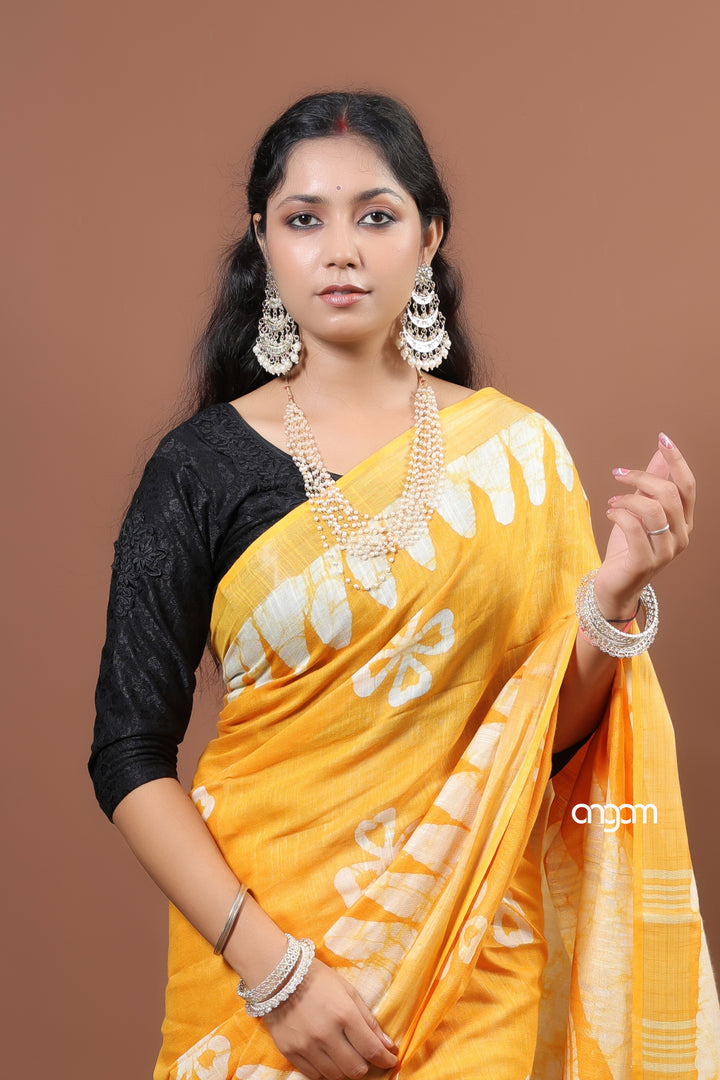 Radiant Yellow Cotton Slub Saree with Handcrafted White Floral Prints
