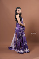 Load image into Gallery viewer, Stylish Purple Cotton Slub Saree with Handcrafted White Batik Designs
