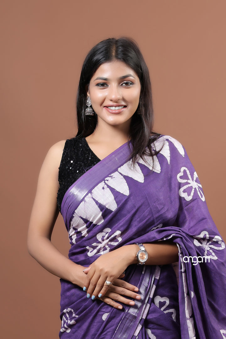 Stylish Purple Cotton Slub Saree with Handcrafted White Batik Designs