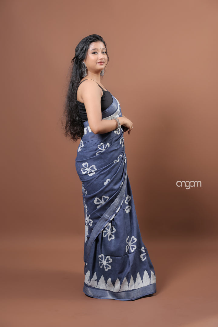 Elegant Blue Cotton Slub Saree with Handcrafted White Batik Prints