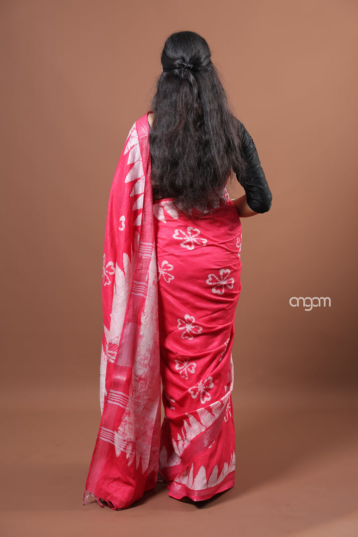 Vibrant Pink Cotton Slub Saree with Handcrafted White Batik Prints
