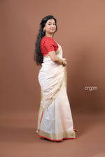 Load image into Gallery viewer, Elegant White Linen Saree with Golden Border and Red Accents
