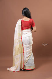 Elegant White Linen Saree with Golden Border and Red Accents