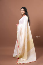 Load image into Gallery viewer, Elegant White Linen Saree with Golden Border and Red Accents
