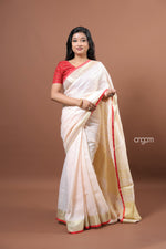 Load image into Gallery viewer, Elegant White Linen Saree with Golden Border and Red Accents
