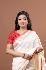 Load image into Gallery viewer, Elegant White Linen Saree with Golden Border and Red Accents
