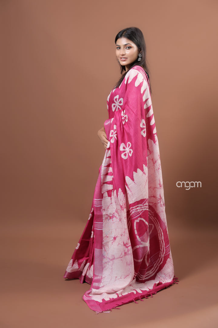 Elegant Pink Cotton Slub Saree with White Handcrafted Batik Prints