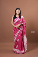 Load image into Gallery viewer, Elegant Pink Cotton Slub Saree with White Handcrafted Batik Prints

