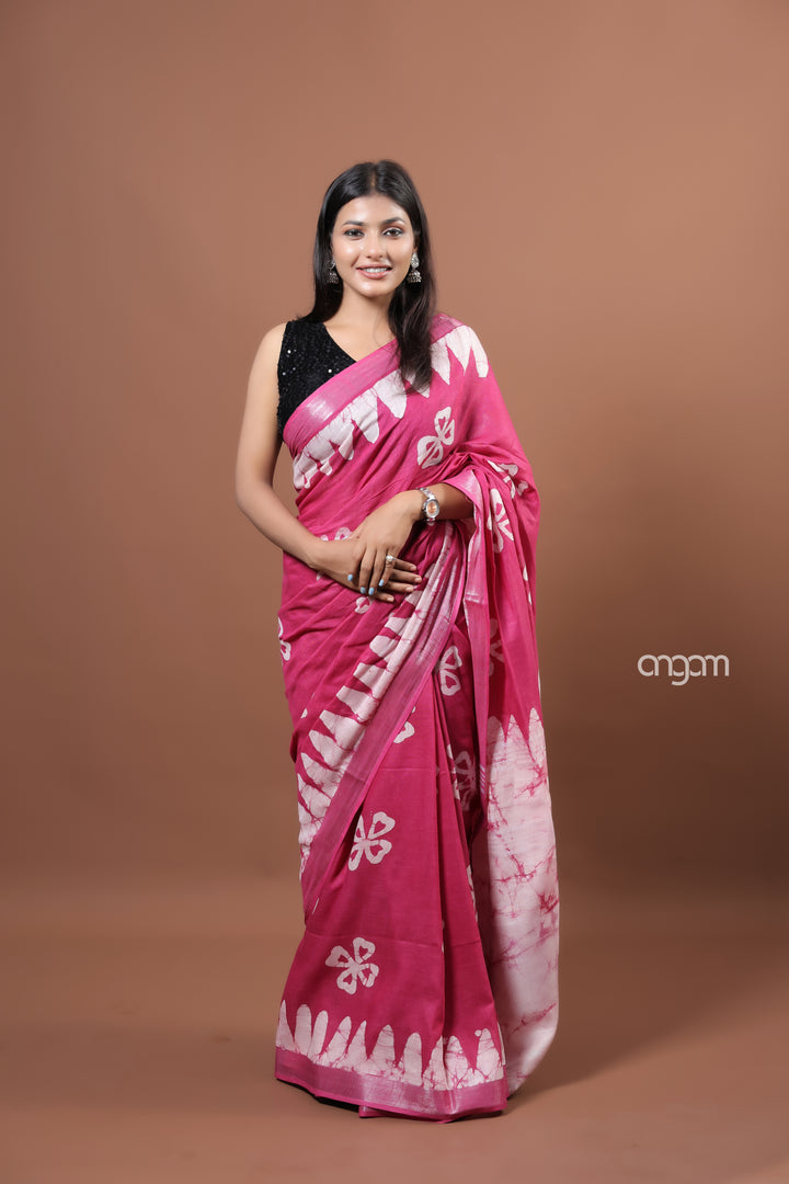 Elegant Pink Cotton Slub Saree with White Handcrafted Batik Prints