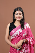 Load image into Gallery viewer, Elegant Pink Cotton Slub Saree with White Handcrafted Batik Prints
