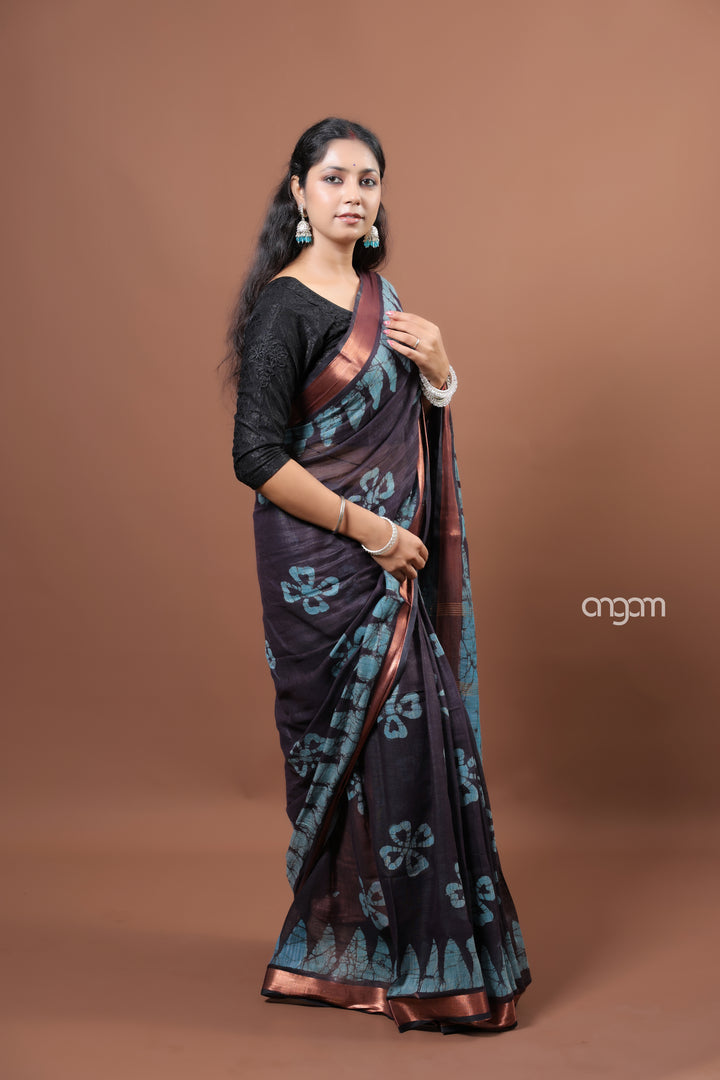 Black Cotton Slub Saree with Blue Batik Prints and Copper Border