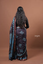 Load image into Gallery viewer, Black Cotton Slub Saree with Blue Batik Prints and Copper Border
