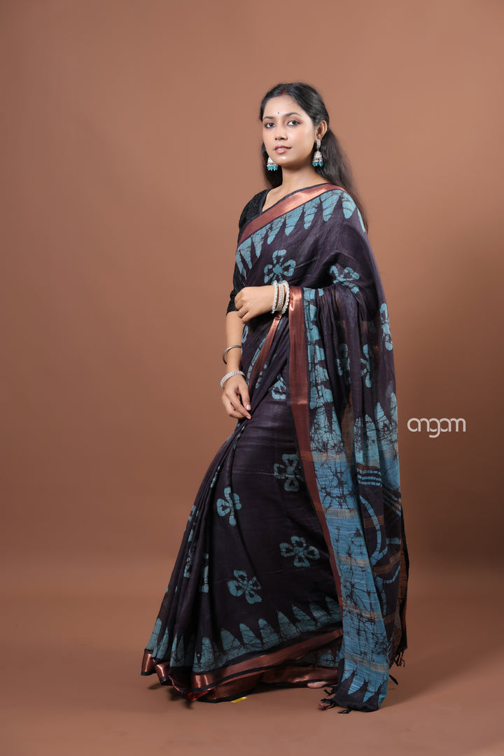 Black Cotton Slub Saree with Blue Batik Prints and Copper Border
