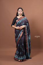 Load image into Gallery viewer, Black Cotton Slub Saree with Blue Batik Prints and Copper Border
