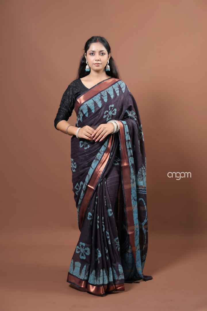 Black Cotton Slub Saree with Blue Batik Prints and Copper Border