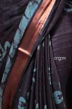 Load image into Gallery viewer, Black Cotton Slub Saree with Blue Batik Prints and Copper Border
