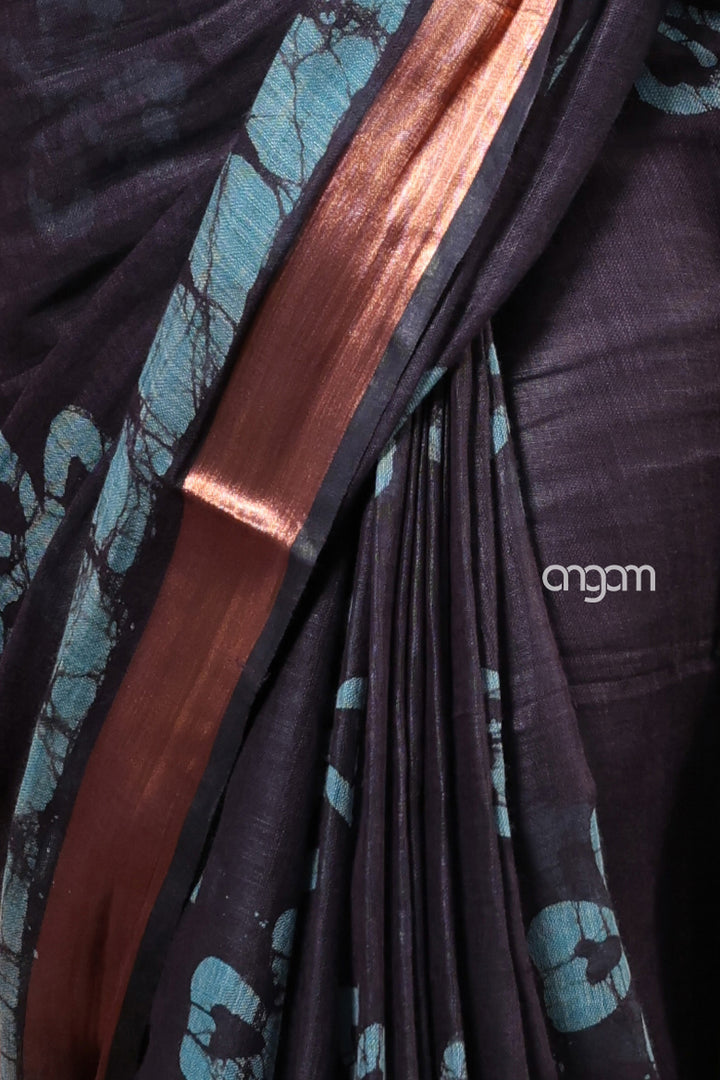 Black Cotton Slub Saree with Blue Batik Prints and Copper Border