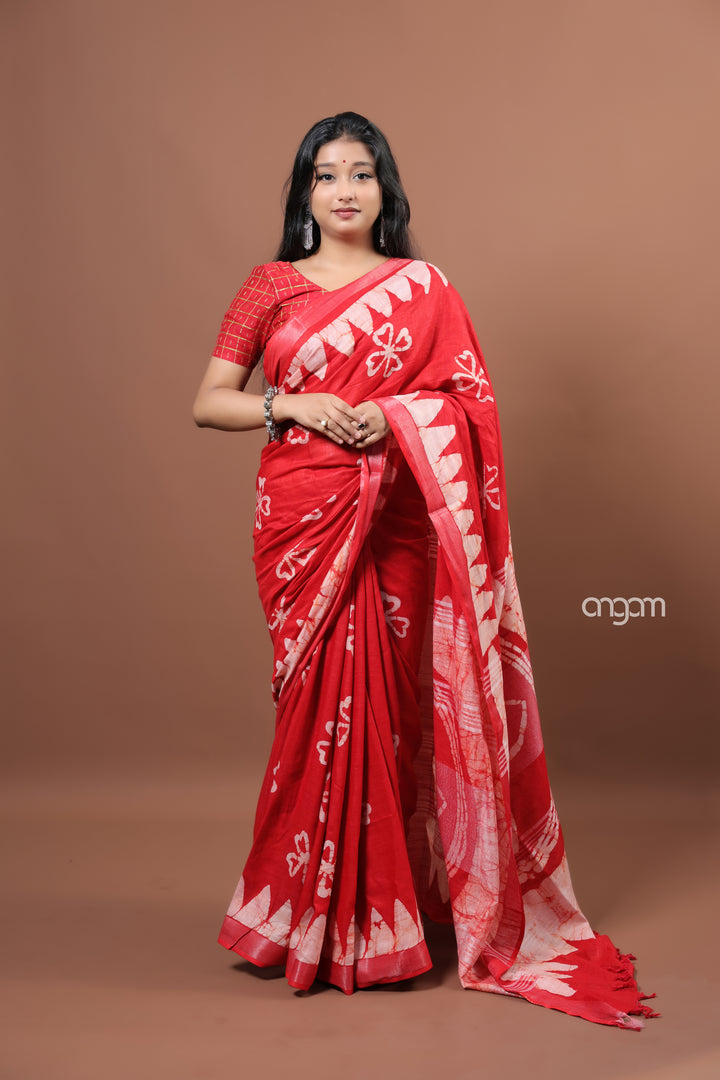 Vibrant Red Cotton Slub Saree with Handcrafted White Batik Print