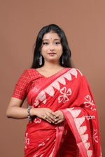 Load image into Gallery viewer, Vibrant Red Cotton Slub Saree with Handcrafted White Batik Print
