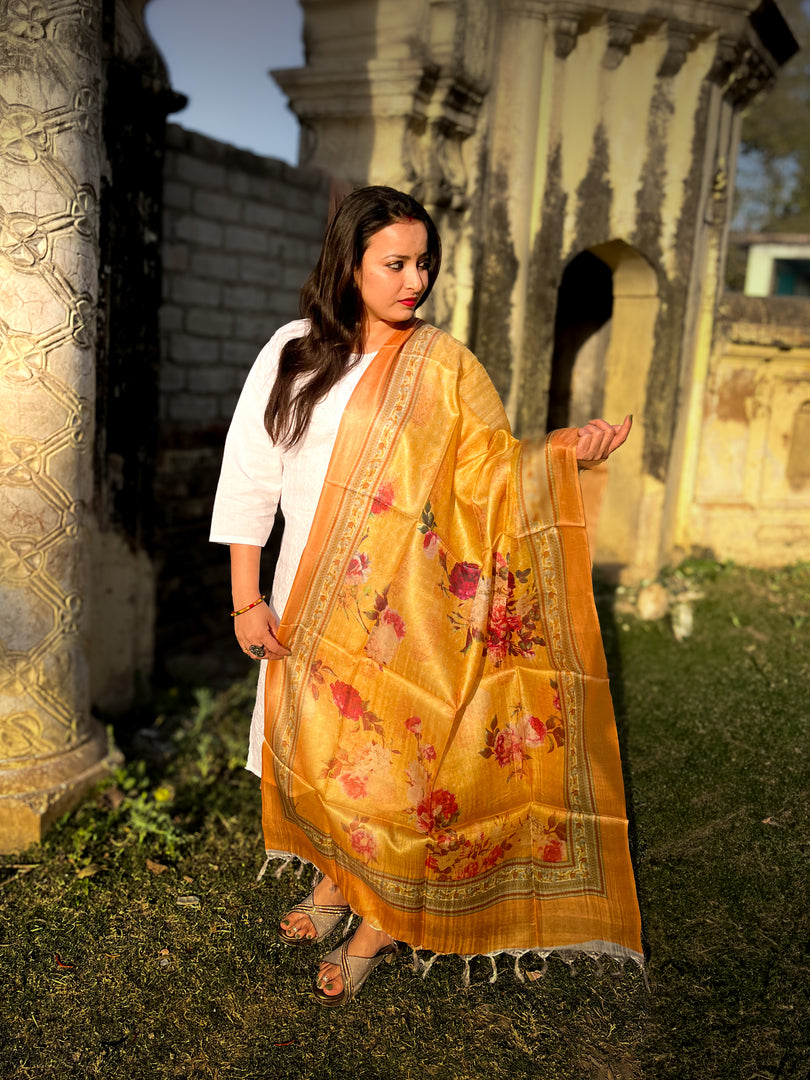 Golden Yellow Tussar Silk Dupatta with Elegant Floral Border Design