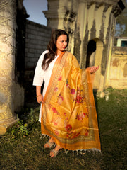 Golden Yellow Tussar Silk Dupatta with Elegant Floral Border Design
