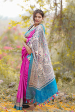 Load image into Gallery viewer, Pink and Blue Malbari Silk Saree with Elephant Motifs
