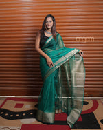 Load image into Gallery viewer, Graceful Green Organza Saree with Golden Zari Border for Elegance
