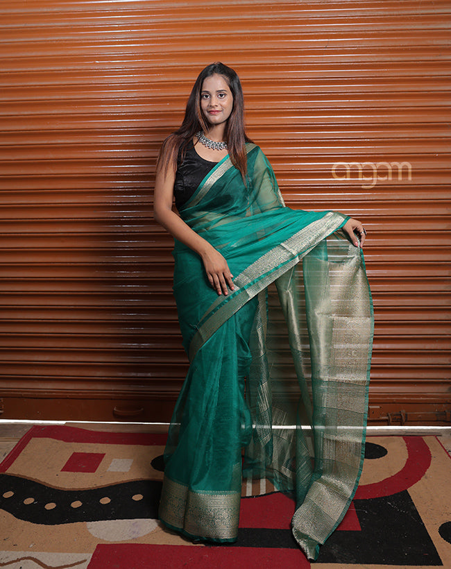 Graceful Green Organza Saree with Golden Zari Border for Elegance