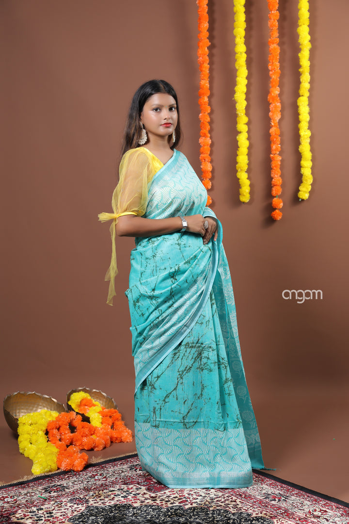 Aqua Blue Cotton Slub Saree with Elegant Print and Border