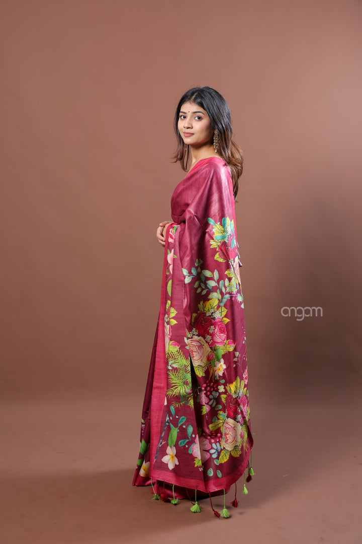 Elegant Kolika Munga Digital Print Saree with Floral Motifs