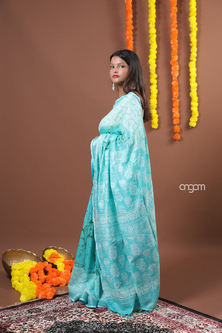Aqua Blue Cotton Slub Saree with Elegant Print and Border