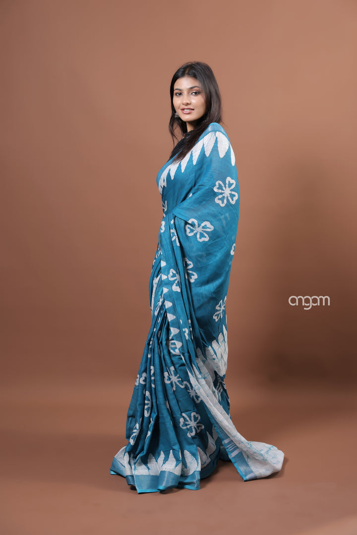 Elegant Blue Cotton Slub Saree with White Handcrafted Batik Prints